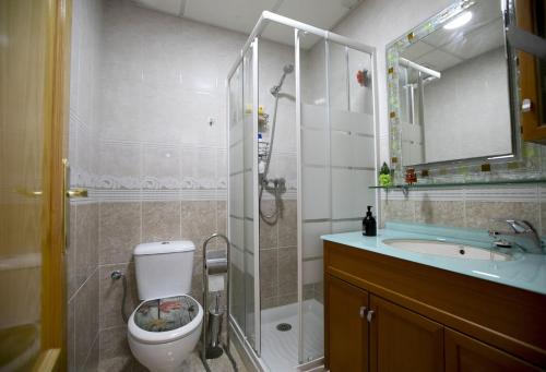 a bathroom with a toilet and a shower and a sink at Bluemoon 2 in Mazarrón