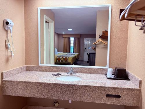 a bathroom with a sink and a large mirror at Express Inn & Suites Houston Katy in Katy