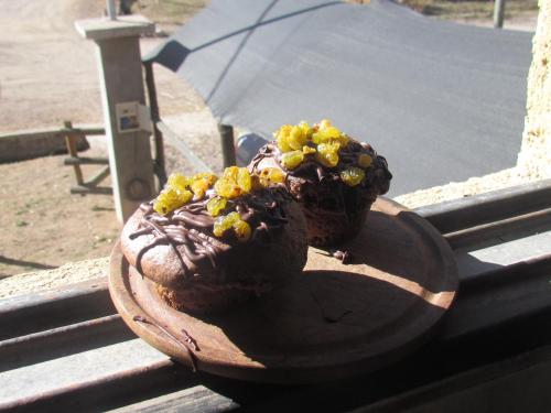 two chocolate covered muffins sitting on a table with an umbrella at Complejo de Cabañas Tierra de Luna in Potrerillos