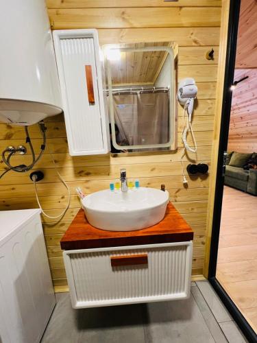 a bathroom with a sink and a mirror at Cottage Dachi in Mestia in Mestia