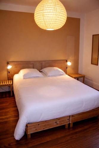 a bedroom with a large white bed with a chandelier at Le Pré du Dimanche in Maringues