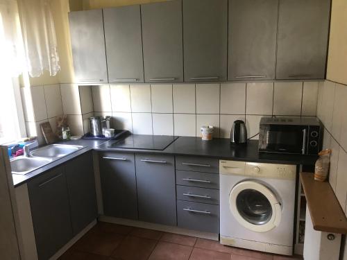 a kitchen with a sink and a washing machine at Noclegi Ściegiennego in Sosnowiec