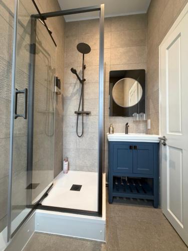 a bathroom with a shower with a blue cabinet at Kingston Guesthouse in Edinburgh