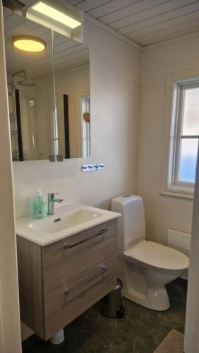 a bathroom with a sink and a toilet and a mirror at Säbytorp in Kil