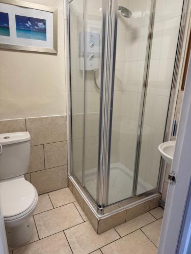 a bathroom with a shower and a toilet at Wentworth arms in Malton