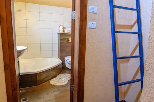 a bathroom with a tub and a toilet and a ladder at Even Vanof - אבן ונוף in Safed