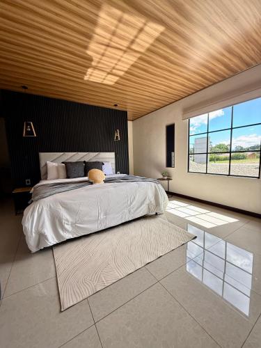 a bedroom with a large bed and a large window at Arenal Star Luxury Studios with Private Jacuzzi in Fortuna