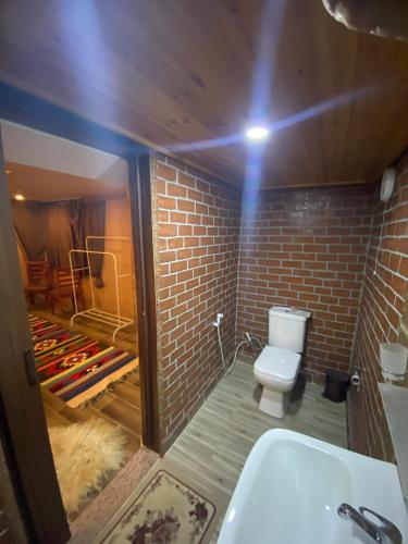 a bathroom with a toilet and a brick wall at Petra Wassaif Camp in Wadi Musa