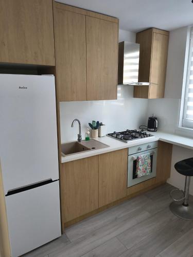 a kitchen with a white refrigerator and a sink at Apartament w Biłgoraju in Biłgoraj