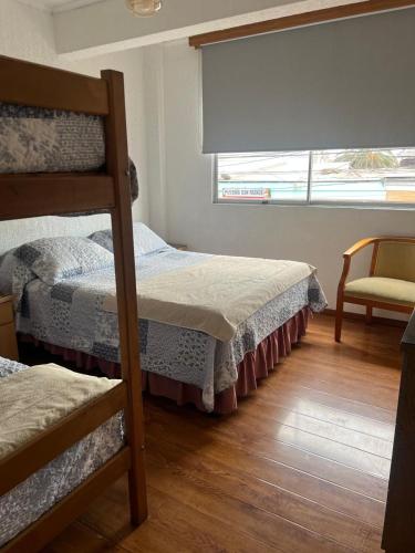a bedroom with two bunk beds and a window at Hostal Colonial in Iquique