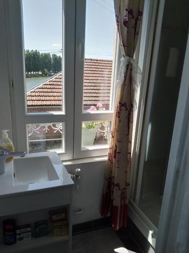 a bathroom with a sink and two windows at Silver chambre in Creil