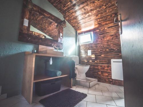 a bathroom with a toilet and a wooden wall at Domaine des 7 cépages in Arsonval