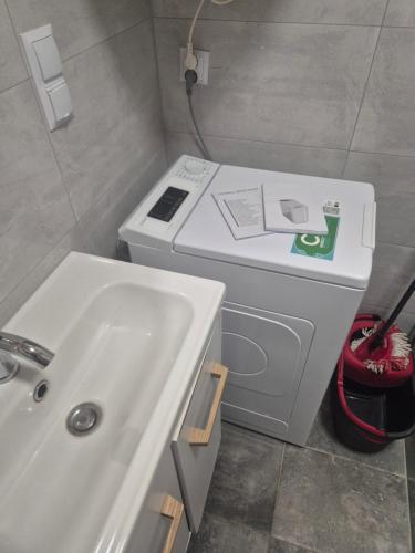 a bathroom with a washing machine and a sink at Przystań Mielnów in Mielnów