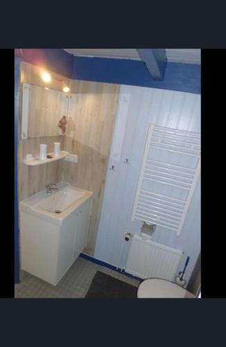 a bathroom with a white sink and a toilet at Haus Glück Auf in Dornumergrode