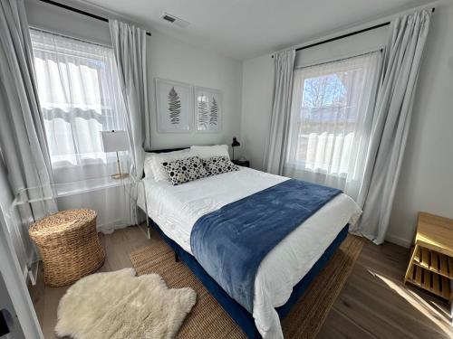 a bedroom with a large bed and two windows at Asheville Relaxing Sanctuary Arboretum adjacent in Asheville