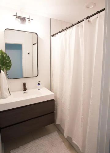 a bathroom with a white shower curtain and a sink at Asheville Relaxing Sanctuary Arboretum adjacent in Asheville