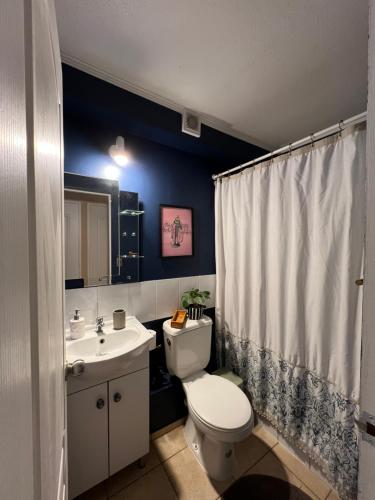 a bathroom with a toilet and a sink at Cómodo departamento en Curicó in Curicó