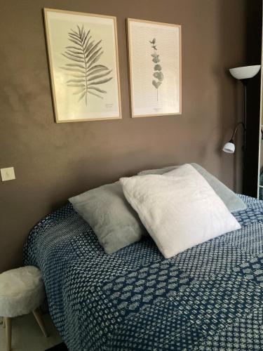 a bedroom with a bed with two pictures on the wall at La Mouette de Ripaille in Thonon-les-Bains