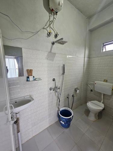 a bathroom with a shower and a toilet and a sink at Seasons Hotel in Lunglei
