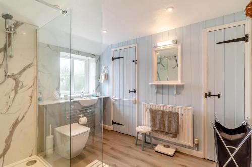a bathroom with a toilet and a sink and a shower at 6 Bed in Walberswick oc-vin in Walberswick