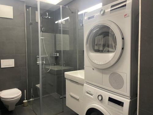 a bathroom with a toilet and a washing machine at Lamira Serviced Apartments Zurich City in Zurich