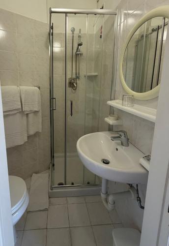 a bathroom with a shower and a sink and a toilet at Hotel Nettuno in Diano Marina