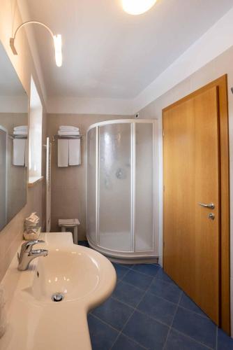a bathroom with a shower and a white sink at Hotel Crepei in Pozza di Fassa