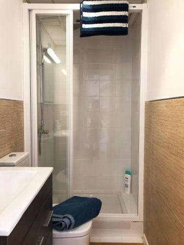 a bathroom with a shower and a toilet and a sink at Beachfront apartment with sea views in Cunit