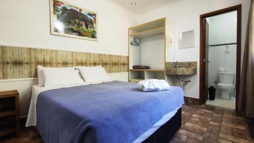 a bedroom with a blue bed and a toilet at Della Vegas Economy in Serra Negra