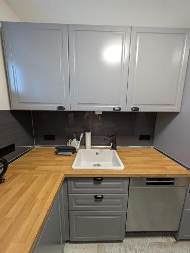 a kitchen counter with a sink and white cabinets at Stadtnah an der Förde S1 in Flensburg