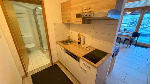 a small kitchen with a sink and a toilet at PlanB Stay in Samedan