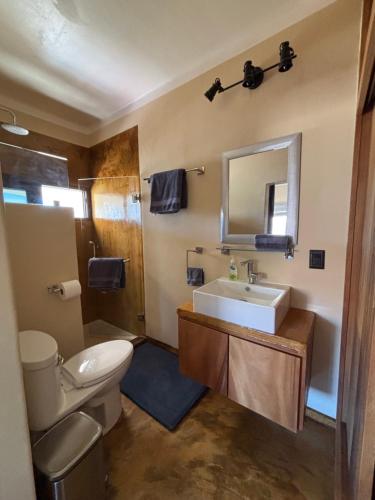 a bathroom with a toilet and a sink and a mirror at Pent house in Cabo Pulmo