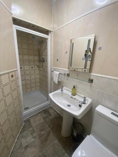 a bathroom with a sink and a shower and a toilet at Windermere Bed and Breakfast in Windermere