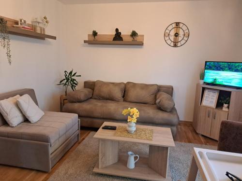 a living room with a couch and a coffee table at Apartaman Sweet Home in Bačka Palanka
