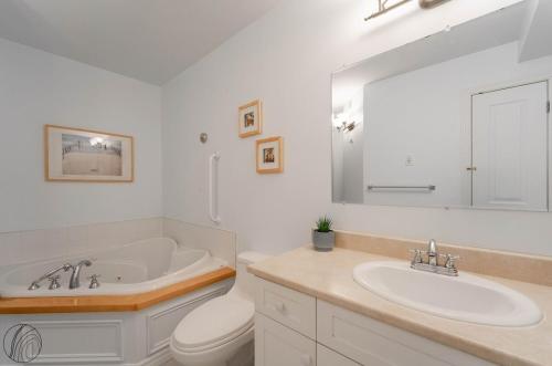 a bathroom with a tub and a toilet and a sink at Condo Lac Archambault Fireplace beach in Saint-Donat-de-Montcalm