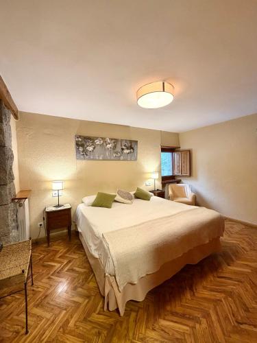a bedroom with a large bed and a fireplace at Hotel Vallibierna in Benasque