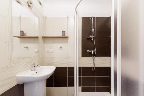a bathroom with a sink and a shower at Chalupa U Lávky in Lasenitz
