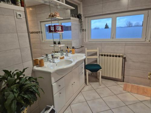 a bathroom with a sink and a window at Chez Bouju in Castetnau-Camblong