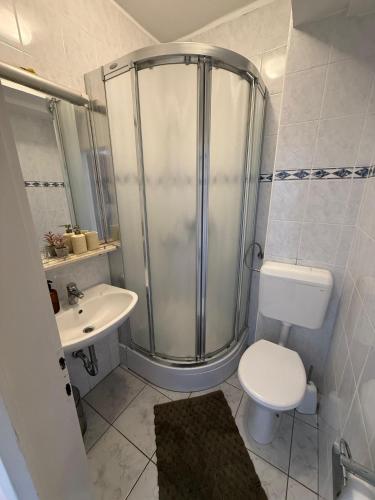 a bathroom with a shower and a toilet and a sink at The Korčula Outlook - Bedrooms in Korčula