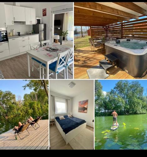 a collage of pictures of a house with a swimming pool at Riverside Home Szigetköz in Dunasziget