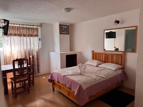 a bedroom with a bed and a chair and a fireplace at Hotel Hacienda Real, Villa in Villa del Carbón