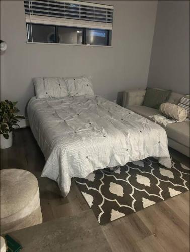 a bedroom with a bed and a couch and a rug at Spacious and cute basement unit in Thunder Bay