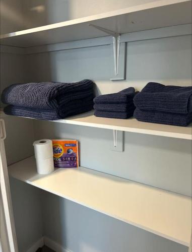 a closet with blue towels and a box and shelves at Spacious and cute basement unit in Thunder Bay