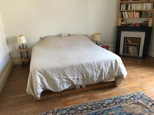 a bed in a bedroom with two lamps and a fireplace at Maison Nancy Thermal in Nancy