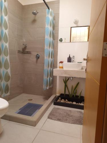 a bathroom with a shower and a toilet and a sink at CASA CON ALBERCA Rodeada de NATURALEZA in Naranjo