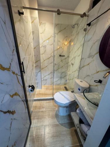 a bathroom with a toilet and a glass shower at aparta hotel del toro in Estación El Salto