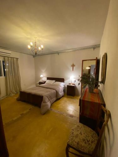 a large bedroom with a bed and a mirror at La Pausa. Casa de campo in Deán Funes