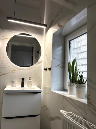 a bathroom with a sink and a mirror at Apartament Olesno in Olesno