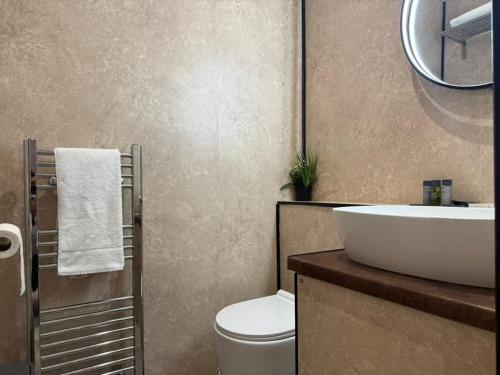 a bathroom with a sink and a toilet at The Applewood Regency in Southwell