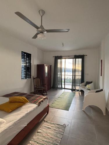 a bedroom with a bed and a ceiling fan at Villa Aurora Samaná in Santa Bárbara de Samaná